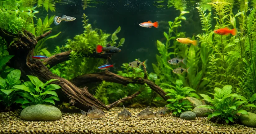 Beginner-friendly freshwater community aquarium with tropical fish and live plants